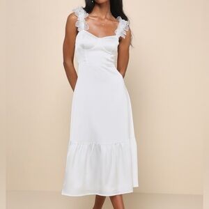 Lulus Divinely Charming White Satin Floral Applique Bustier Midi Dress NWT